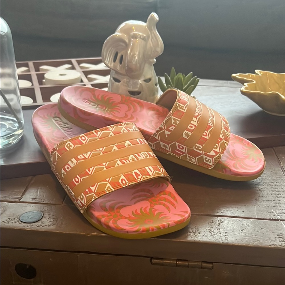 Adidas Pink, Gold and Orange Slide Sandals